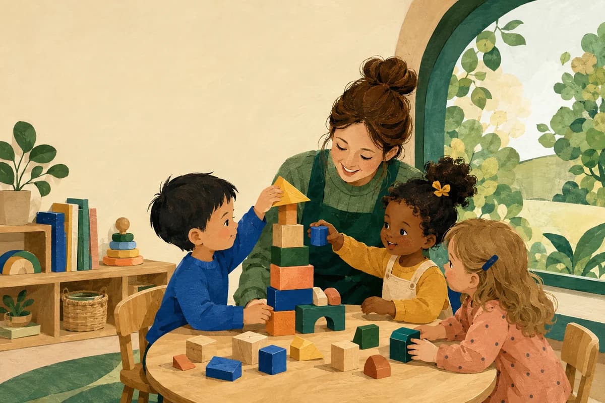 Illustration of an early-years educator and three children building a colourful tower together