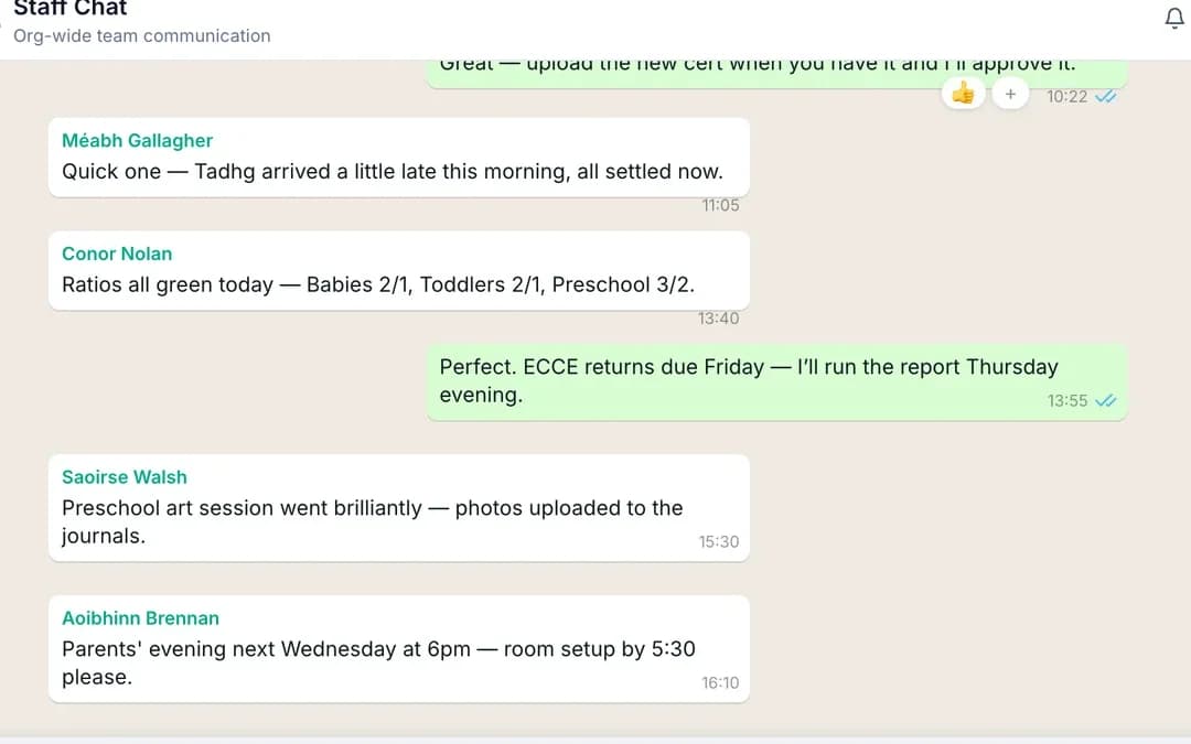 CrecheHQ team chat with room channels and staff conversation