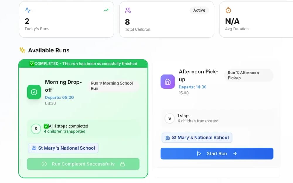 CrecheHQ transport hub showing morning and afternoon school runs
