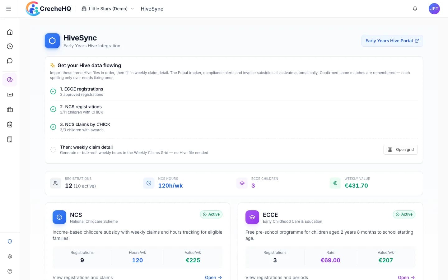 CrecheHQ HiveSync dashboard showing Early Years Hive import steps with NCS and ECCE scheme summaries