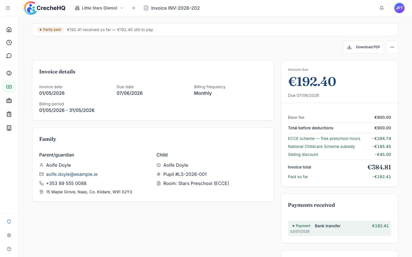 CrecheHQ invoice showing automatic ECCE and NCS subsidy deductions with online payment tracking