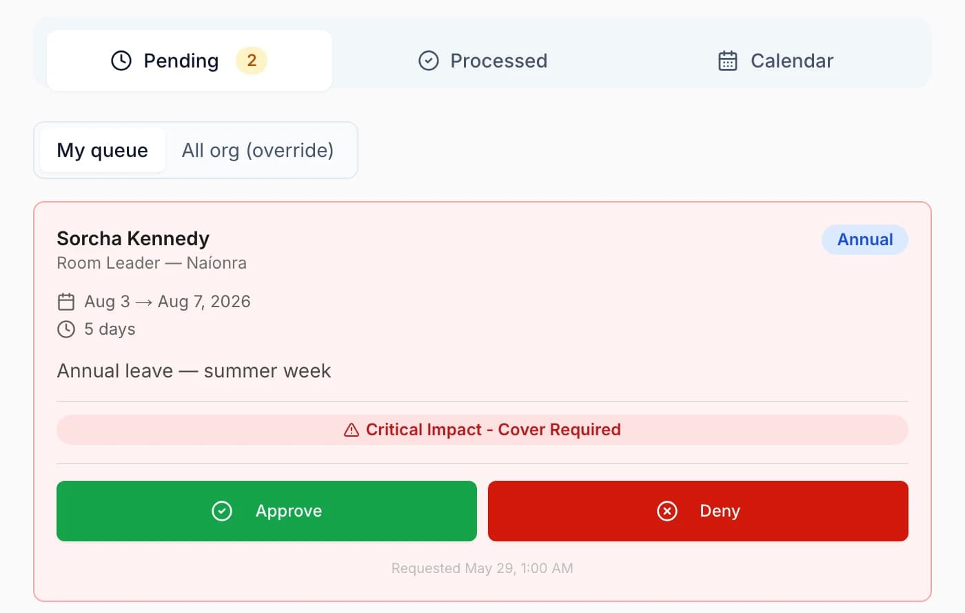 Leave approvals inbox with staffing impact flags