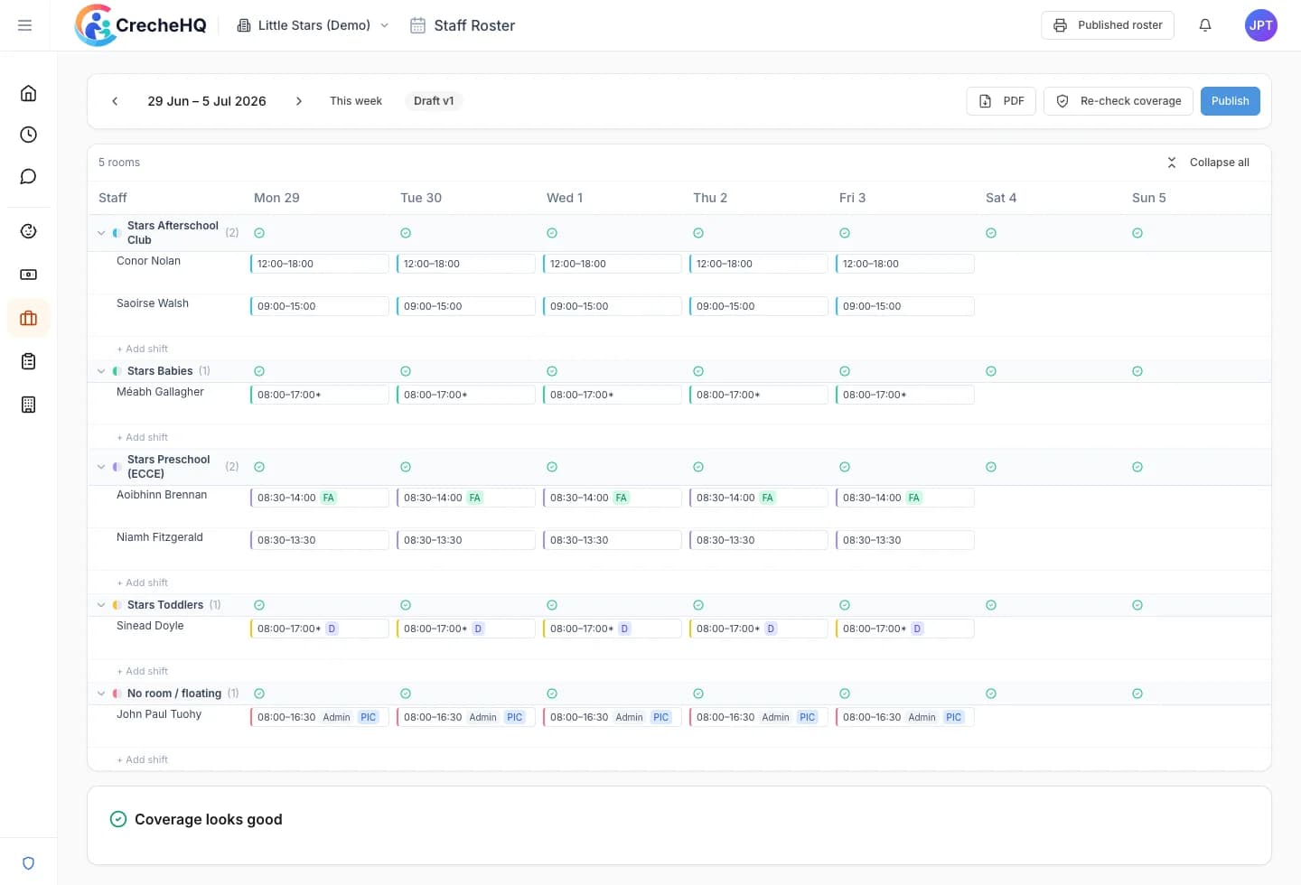 CrecheHQ staff roster week planner showing shifts by room with a passing coverage check