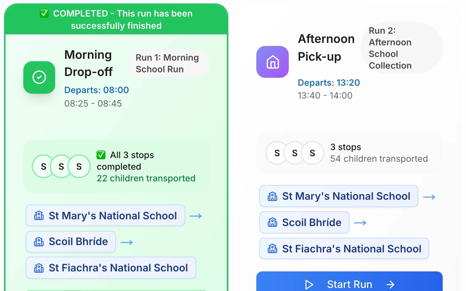 CrecheHQ demo transport hub with school runs