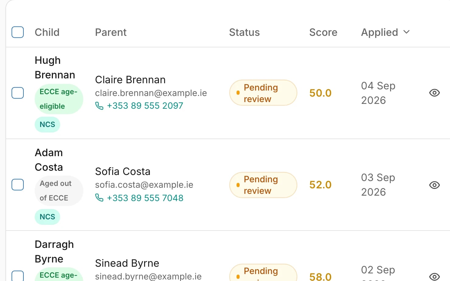 CrecheHQ demo waitlist showing application stages