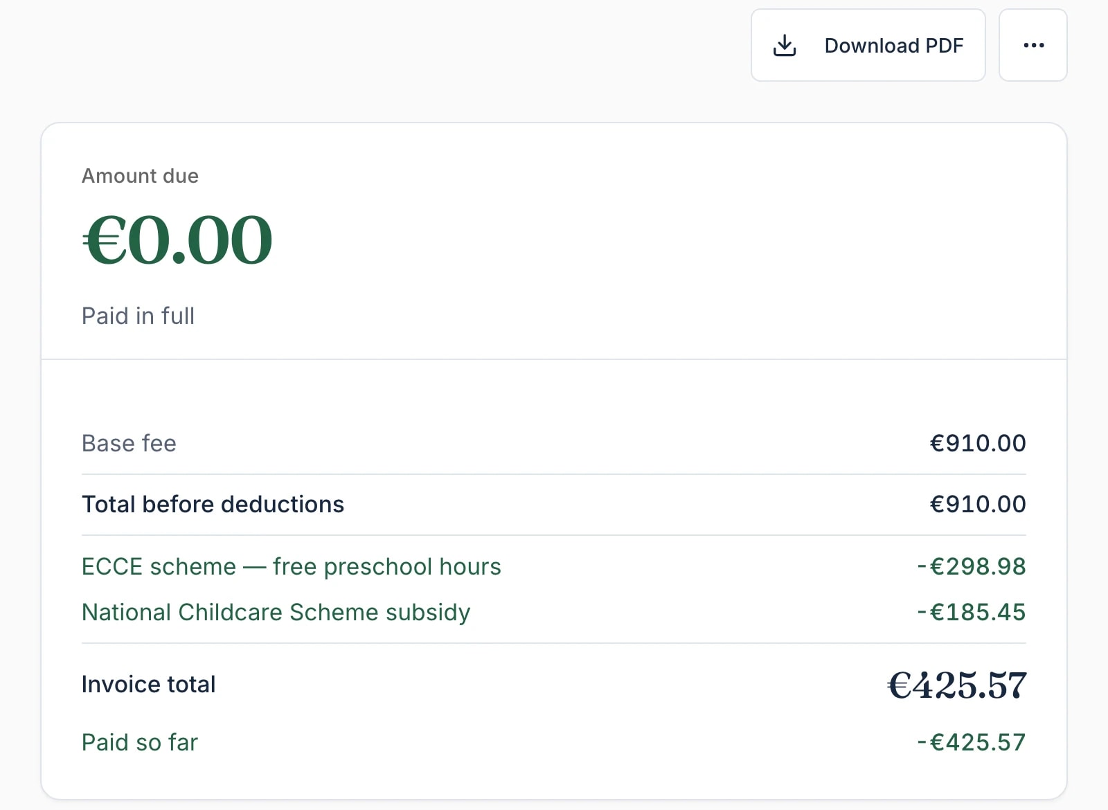 Demo family invoice showing funding deductions and payments