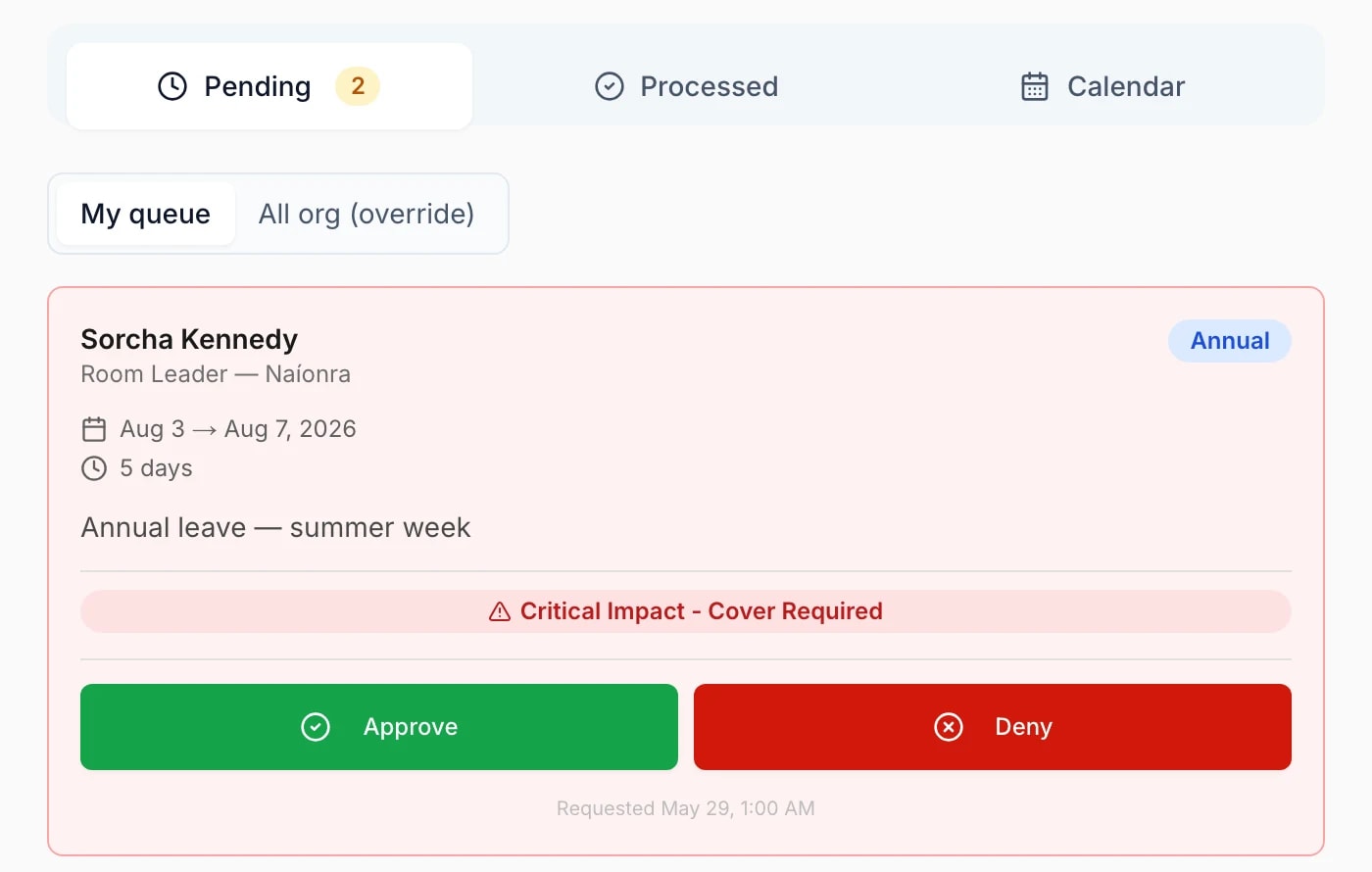Staff Leave Management for Irish Childcare Providers — CrecheHQ demonstration screen